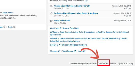 Phiên bản PHP trong bảng điều khiển quản trị viên WordPress Phiên bản PHP trong bảng điều khiển quản trị viên WordPress